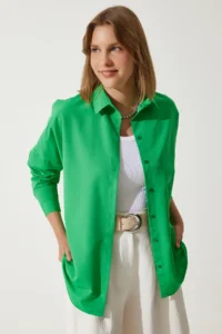 Happiness İstanbul Women's dark Green Oversized Long Basic Shirt - Image 5