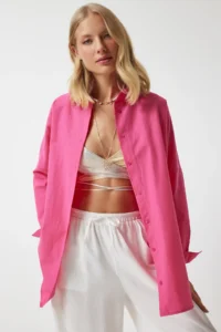 Happiness İstanbul Women's Dark Pink Oversized Long Basic Shirt - Image 2