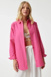 Happiness İstanbul Women's Dark Pink Oversized Long Basic Shirt - Image 3