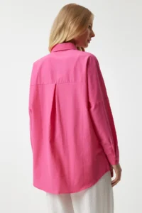 Happiness İstanbul Women's Dark Pink Oversized Long Basic Shirt - Image 5