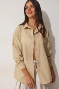 Happiness İstanbul Women's Dark Cream Oversized Long Basic Shirt