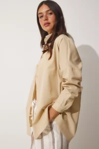 Happiness İstanbul Women's Dark Cream Oversized Long Basic Shirt - Image 2