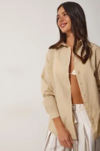 Happiness İstanbul Women's Dark Cream Oversized Long Basic Shirt - Image 3