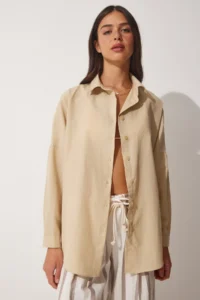 Happiness İstanbul Women's Dark Cream Oversized Long Basic Shirt - Image 4