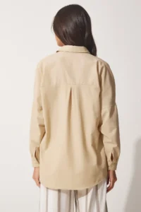 Happiness İstanbul Women's Dark Cream Oversized Long Basic Shirt - Image 5