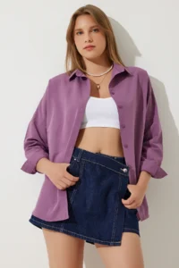 Happiness İstanbul Women Dark Lilac Oversized LONG Basic Shirt - Image 2