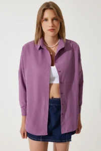 Happiness İstanbul Women Dark Lilac Oversized LONG Basic Shirt - Image 3