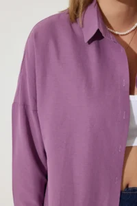 Happiness İstanbul Women Dark Lilac Oversized LONG Basic Shirt - Image 4
