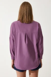 Happiness İstanbul Women Dark Lilac Oversized LONG Basic Shirt - Image 5