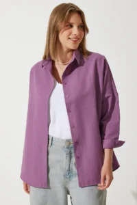Happiness İstanbul Women Dark Lilac Oversized LONG Basic Shirt - Image 6