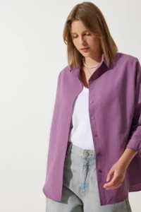 Happiness İstanbul Women Dark Lilac Oversized LONG Basic Shirt - Image 7