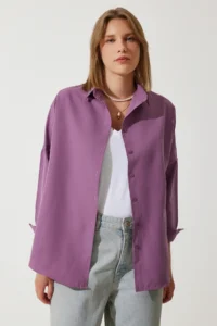 Happiness İstanbul Women Dark Lilac Oversized LONG Basic Shirt - Image 8