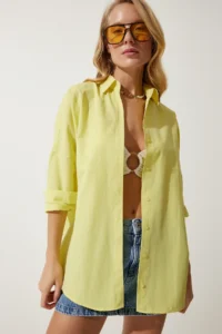 Happiness İstanbul Women's Light Yellow Oversized Long Basic Shirt - Image 2