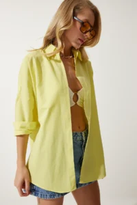 Happiness İstanbul Women's Light Yellow Oversized Long Basic Shirt - Image 3