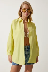 Happiness İstanbul Women's Light Yellow Oversized Long Basic Shirt - Image 4