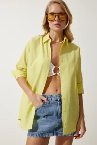 Happiness İstanbul Women's Light Yellow Oversized Long Basic Shirt - Image 5