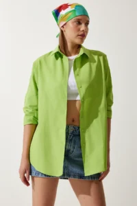 Happiness İstanbul Women's Pistachio Green Oversized Long Basic Shirt - Image 2