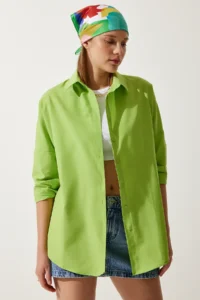 Happiness İstanbul Women's Pistachio Green Oversized Long Basic Shirt - Image 3