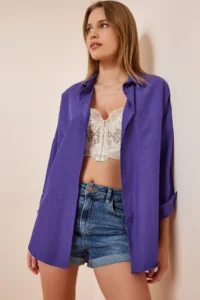 Happiness İstanbul Women Purple Oversized LONG Basic Shirt
