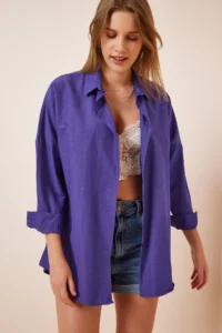 Happiness İstanbul Women Purple Oversized LONG Basic Shirt - Image 2