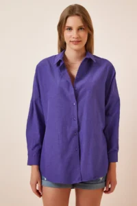 Happiness İstanbul Women Purple Oversized LONG Basic Shirt - Image 3