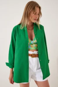 Happiness İstanbul Women's Vibrant Green Oversized Long Basic Shirt - Image 2