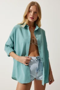 Happiness İstanbul Women's Aqua Green Oversized Long Basic Shirt - Image 2
