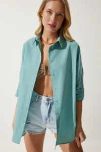 Happiness İstanbul Women's Aqua Green Oversized Long Basic Shirt - Image 3