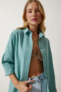 Happiness İstanbul Women's Aqua Green Oversized Long Basic Shirt - Image 4