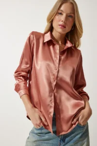 Happiness İstanbul Women's Dusty Rose Lightly Draped Satin Surface Shirt