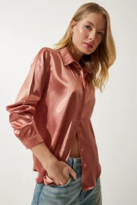 Happiness İstanbul Women's Dusty Rose Lightly Draped Satin Surface Shirt - Image 2