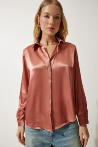 Happiness İstanbul Women's Dusty Rose Lightly Draped Satin Surface Shirt - Image 3