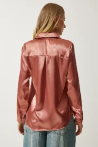 Happiness İstanbul Women's Dusty Rose Lightly Draped Satin Surface Shirt - Image 6
