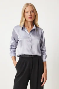 Happiness İstanbul Women's Gray Lightly Draped Satin Surface Shirt - Image 3