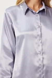 Happiness İstanbul Women's Gray Lightly Draped Satin Surface Shirt - Image 4