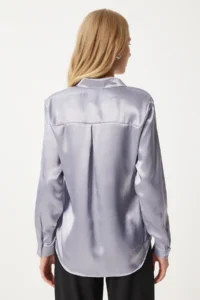 Happiness İstanbul Women's Gray Lightly Draped Satin Surface Shirt - Image 5