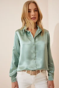 Happiness İstanbul Women's Green Lightly Flowing Satin Surface Shirt