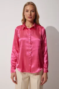 Happiness İstanbul Women's Vivid Pink Lightly Draped Satin Surface Shirt - Image 3