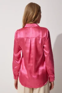 Happiness İstanbul Women's Vivid Pink Lightly Draped Satin Surface Shirt - Image 4