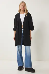 Happiness İstanbul Women's Black Balloon Sleeve Oversize Knitwear Cardigan