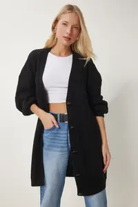 Happiness İstanbul Women's Black Balloon Sleeve Oversize Knitwear Cardigan - Image 2