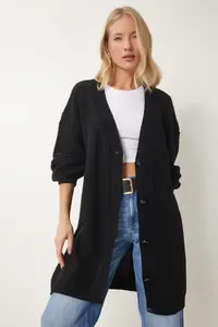 Happiness İstanbul Women's Black Balloon Sleeve Oversize Knitwear Cardigan - Image 3