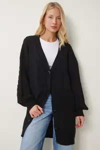 Happiness İstanbul Women's Black Balloon Sleeve Oversize Knitwear Cardigan - Image 4