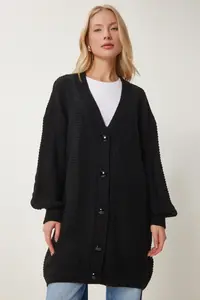 Happiness İstanbul Women's Black Balloon Sleeve Oversize Knitwear Cardigan - Image 5