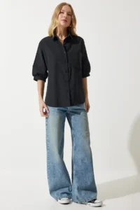 Happiness İstanbul Women Black Balloon Kollu Poplin Shirt