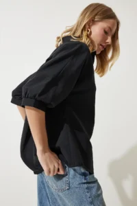Happiness İstanbul Women Black Balloon Kollu Poplin Shirt - Image 2