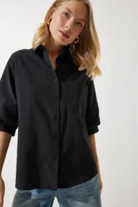 Happiness İstanbul Women Black Balloon Kollu Poplin Shirt - Image 3