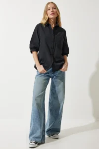 Happiness İstanbul Women Black Balloon Kollu Poplin Shirt - Image 4