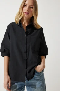 Happiness İstanbul Women Black Balloon Kollu Poplin Shirt - Image 5