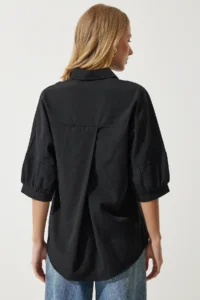 Happiness İstanbul Women Black Balloon Kollu Poplin Shirt - Image 6